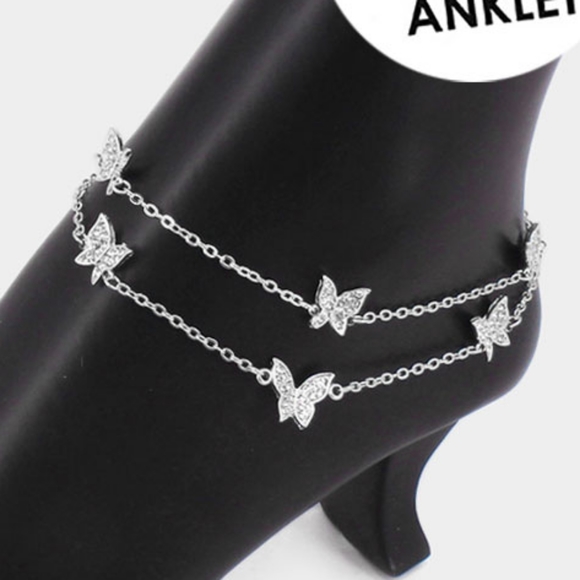 2 Piece Layered Silver Butterfly Charm Pendant Rhinestone Crystal Anklet Chain - Picture 2 of 2